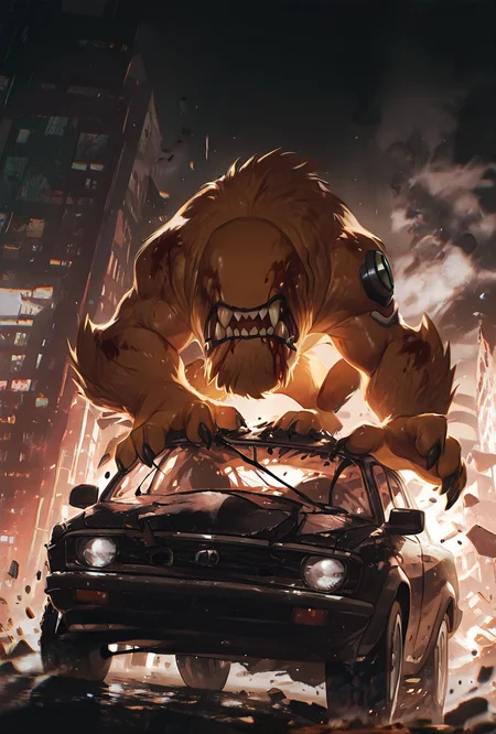 <lora:wildmutt-06:1> wildmutt, solo, no humans, claws, sharp teeth, no eyes, no ears, <lora:WSSKX_WAI:1>, blood, ontop of car, smoke, destroyed city,, masterpiece, best quality, amazing quality, very aesthetic, absurdres, newest,