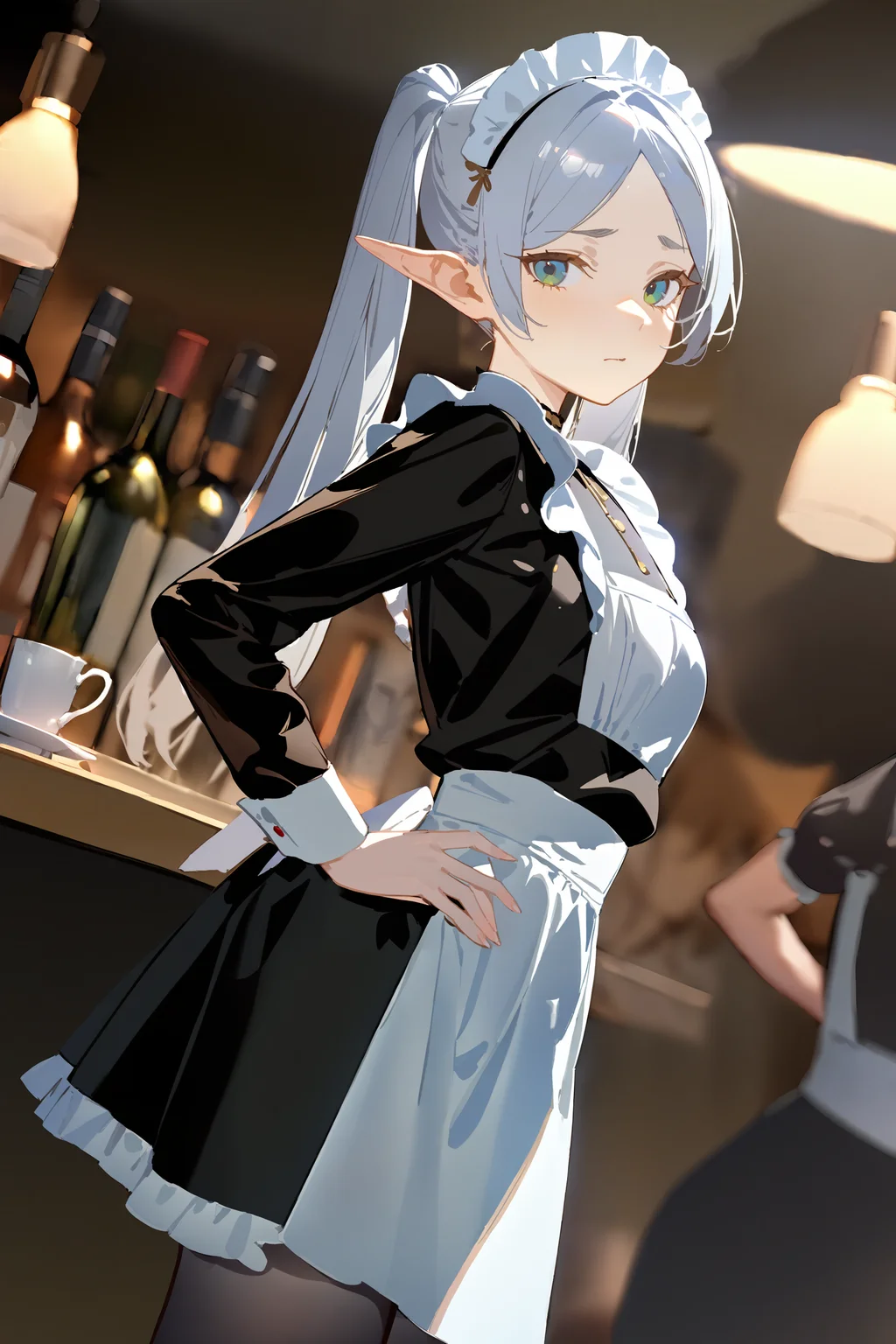 masterpiece, best quality, very aesthetic, ray tracing, newest, (hitenkei, askzy:0.4),1girl, frieren, twintails, solo, maid, maid headdress, maid apron, shy, pantyhose, hands on hips, looking at viewer, cowboy shot, bar \(place\), indoors, depth of field <lora:quality1:0:hr=2>, <lora:Char-Frieren-XL-V1:0.9>
