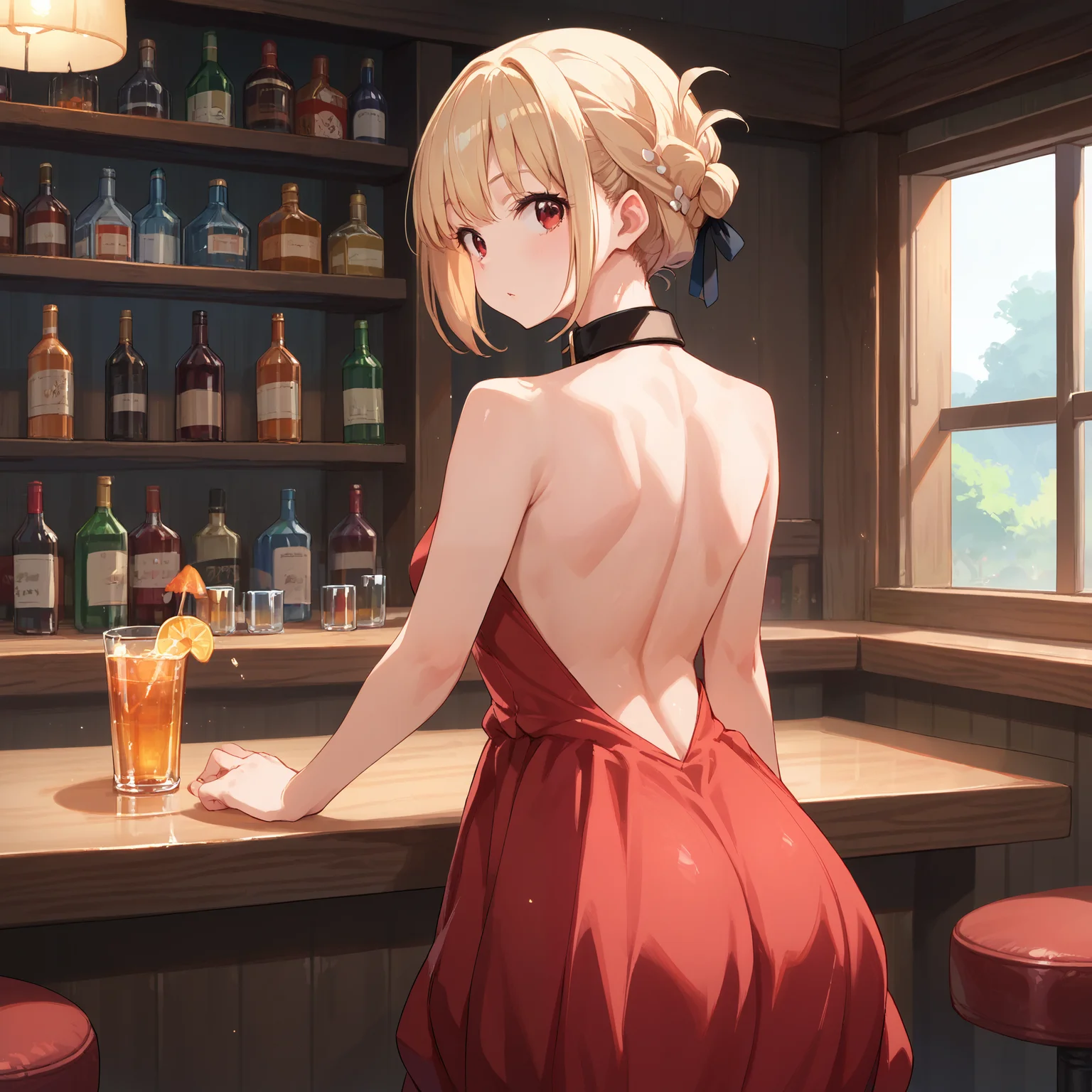 score_9, score_8_up, score_7_up, score_6_up, score_5_up, score_4_up, BREAK source_anime, look at viewer, 1girl, solo, indoors, bar, from behind, masterpiece, best quality, high detailed skin,   nishikigi chisato, chisato dress, short hair, blonde hair, hair bun, black ribbon, red eyes, black collar, red dress, sleeveless dress, backless dress, pantyhose,