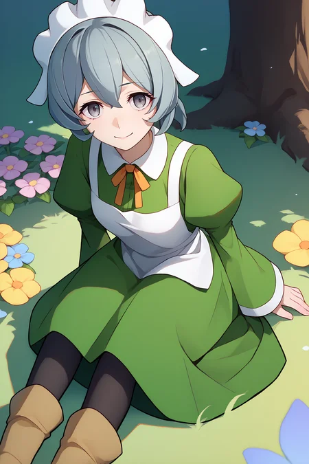 score_9, score_8_up, score_7_up, score_6_up, source_anime, 1girl, solo <lora:syrflova-pdxl-nvwls-v1-000004:1> dmSyr, grey hair, medium hair, folded ponytail, maid headdress, neck ribbon, green dress, white apron, puffy sleeves, long sleeves, black pantyhose, boots, sitting, on ground, flowers, looking at you, smile, tree, field, happy
