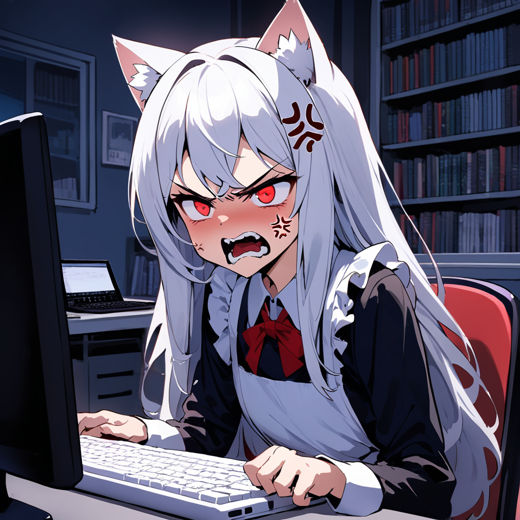 masterpiece, best quality, <lora:inori-meme_last:1.7>,1girl,white hair,maid,long hair,red eyes,cat ears,