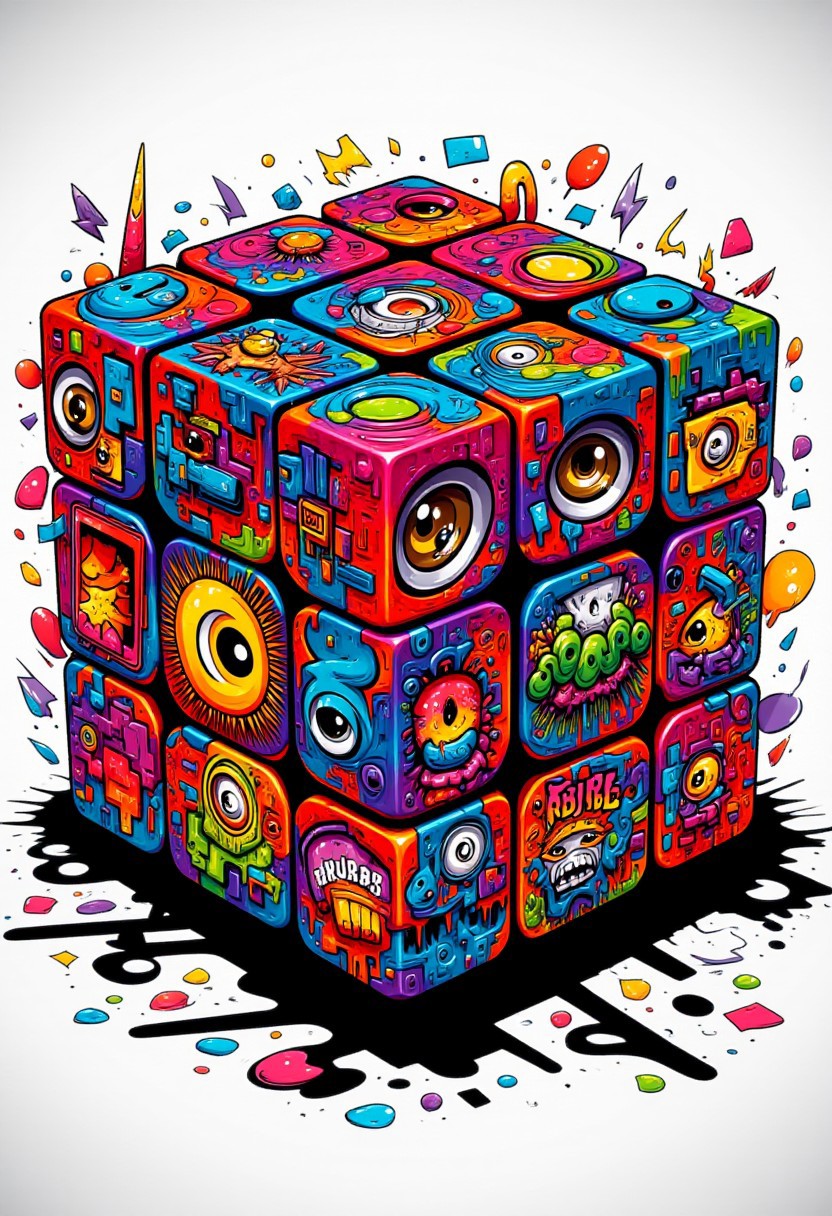 Create a vibrant, stylized digital graffiti artwork of a Rubik's Cube rendered in a pop art style. Each face of the cube is covered in a unique, colorful, and intricate graffiti-inspired mural. The artwork features a mix of abstract, cartoonish, and futuristic elements. The colors are bold and vibrant, with each face of the cube showcasing a different design, from geometric patterns to whimsical characters and futuristic motifs. The overall composition is dynamic and eye-catching, creating a lively and energetic atmosphere.