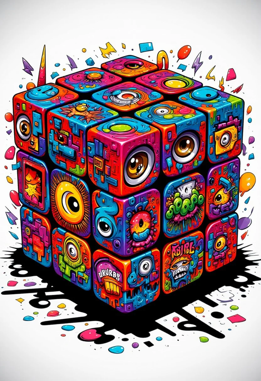 Create a vibrant, stylized digital graffiti artwork of a Rubik's Cube rendered in a pop art style. Each face of the cube is covered in a unique, colorful, and intricate graffiti-inspired mural. The artwork features a mix of abstract, cartoonish, and futuristic elements. The colors are bold and vibrant, with each face of the cube showcasing a different design, from geometric patterns to whimsical characters and futuristic motifs. The overall composition is dynamic and eye-catching, creating a lively and energetic atmosphere.