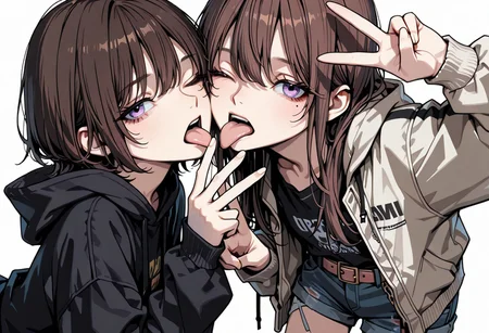 lazypos, girl focus, 2girls, multiple girls, v, long hair, brown hair, double v, mole, mole under eye, tongue, short hair, white background, hoodie, simple background, jacket, skirt, tongue out, one eye closed, open mouth, shorts, hood, licking, belt, shirt, purple eyes, open clothes, niniastyle