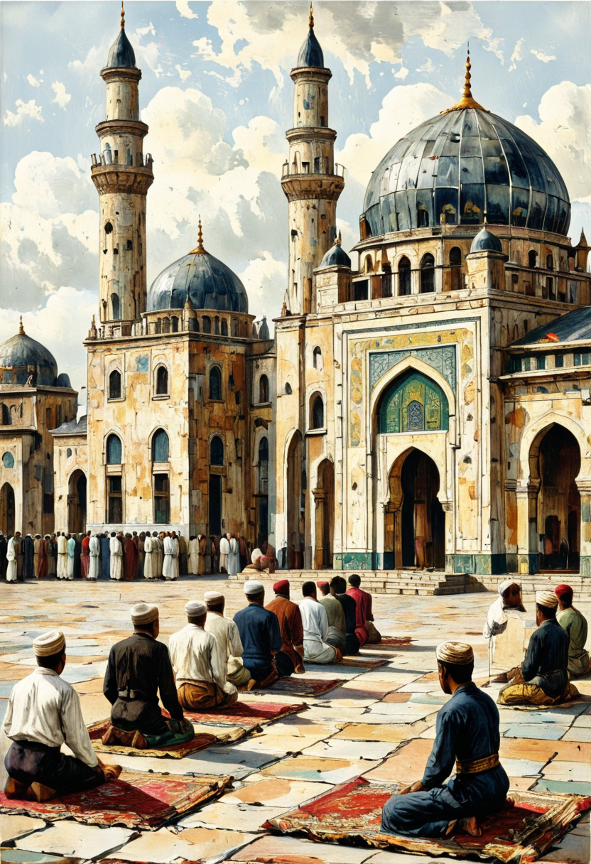Muslims praying at a mosque during Eid in a coastal town., in memadukan_painter art style, 19th century indies vintage illustration by Auguste van Pers, painting