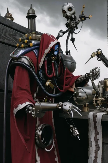 ((masterpiece,best quality)), absurdres, mechanical arms, robes, hood, (techpriest), cyborg, mechanical face, (TimBurton Animation)