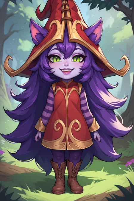 score_9, score_8_up, score_7_up, score_6_up, score_5_up, score_4_up, LuluLoLXL, shortstack, yordle, green eyes, purple hair, very long hair, sidelocks, bangs, animal ears, purple skin, colored skin, witch hat, ears through headwear, red dress, purple striped sleeves, purple pantyhose, boots, standing, seductive smile, looking at viewer, forest, tree <lora:LuluLoLXL:0.7>