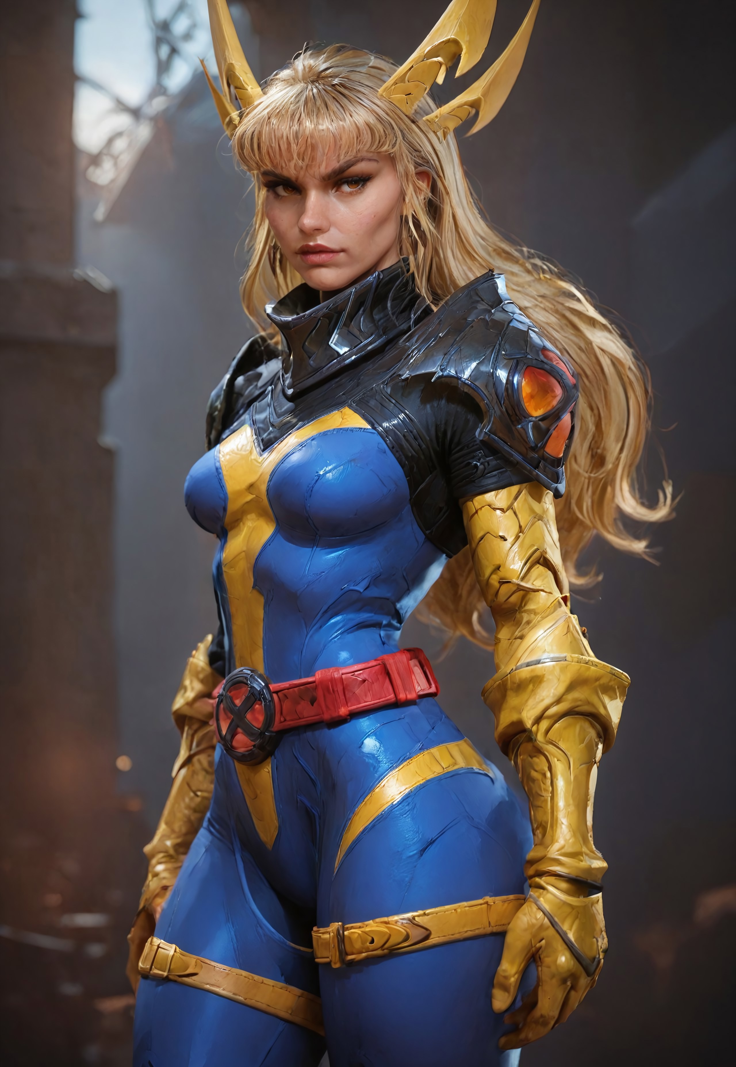 score_9, score_8, score_7, 1girl, beautiful face, magik face, curvy, fit, muscular, blue bodysuit with yellow elements, blonde hair, long hair, magik, xmen uniform, orange eyes, yellow gloves, red belt, yellow boots, black pauldrons, yellow headwear, yellow legwear
