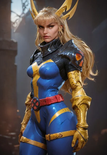 score_9, score_8, score_7, 1girl, beautiful face, magik face, curvy, fit, muscular, blue bodysuit with yellow elements, blonde hair, long hair, magik, xmen uniform, orange eyes, yellow gloves, red belt, yellow boots, black pauldrons, yellow headwear, yellow legwear