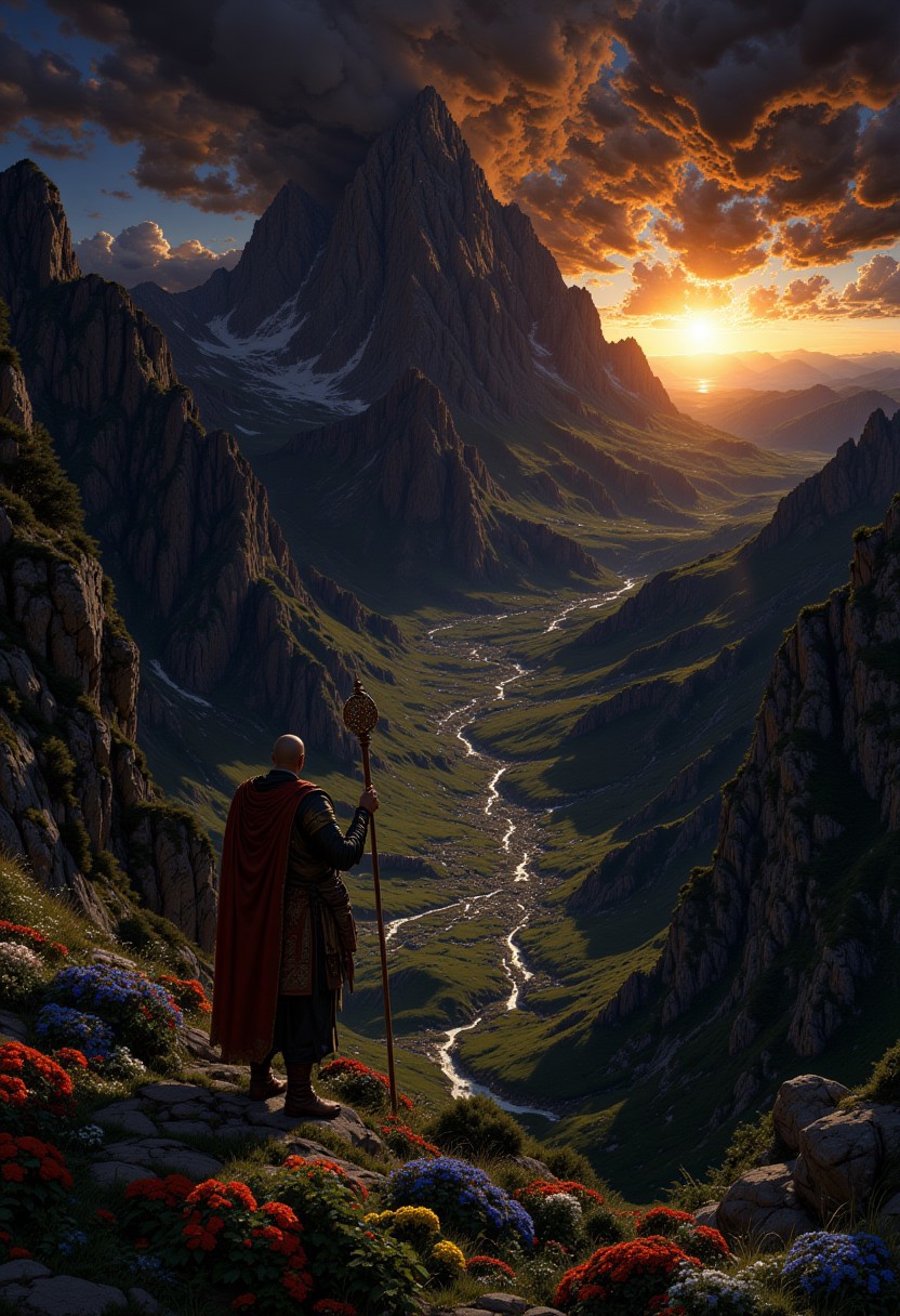 8k, masterpiece, very detailed, epic, elevated view of a breathtakingly beautiful mountain landscape at sunset, the low sun shines from behind a mountain peak and creates long shadows, evening, peaceful calm atmosphere, heavy storm clouds are illuminated from below by the low sun, colorful flowers in the foreground, a shepherd stands in the foreground leaning on a long stick and observes the scene