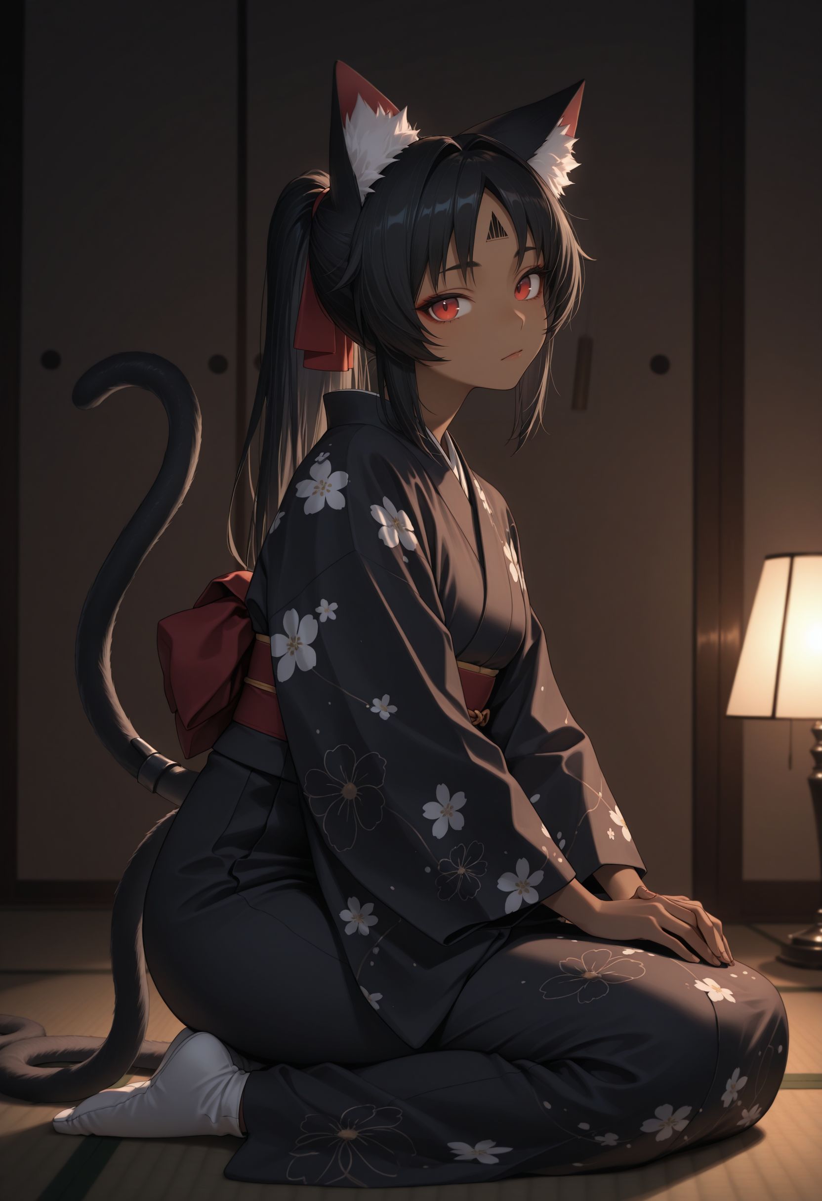 masterpiece,best quality,absurdres,highres,very aesthetic,high quality,detailed,insanely detailed,beautiful,perfect lighting, looking at viewer,
kimono, floral print, head tilt, hands together, tabi, seiza, sitting on tatami, looking at viewer, (from side:0.2), indoors, japanese room, lamp, (dark theme, low light:1.1),
 <lora:Nekomiya v2 illu:1> 1girl, dark-skinned female, long hair, black hair, red eyes, facial mark, animal ears, animal ear fluff, cat girl, multiple cat tail, double cat tail, ponytail,