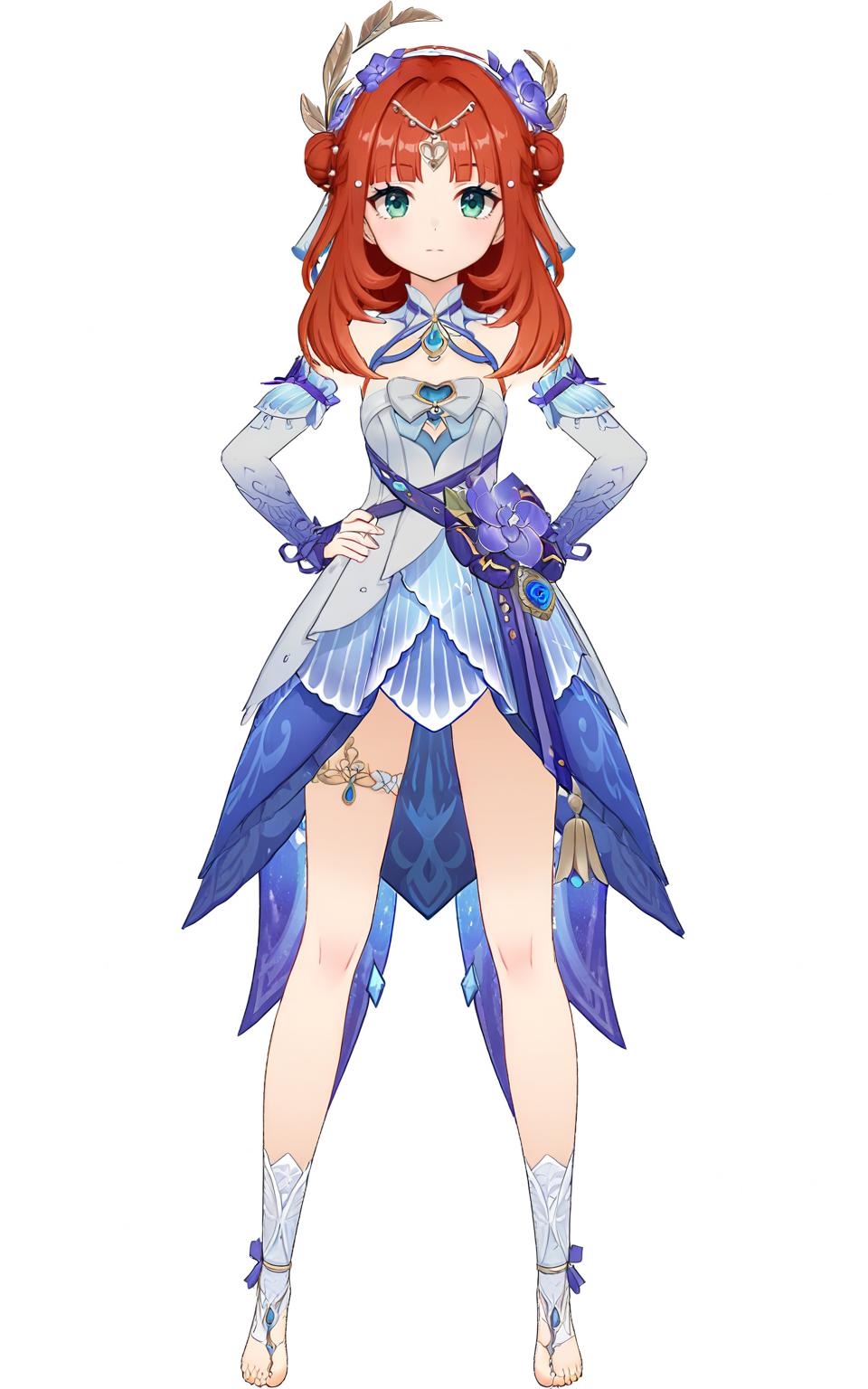 8k, best quality, masterpiece, (ultra-detailed), (high detailed skin), (white background:1.3), 
(full body:1.25), (white background), standing, looking at viewer, (solo:1.3), hands on hips, 
<lora:nilou-artiwaifu-Tanger-000014:0.8>, snilou (genshin impact), alternate costume, shabang, 1girl, long red hair, bangs, detached sleeves, double bun, thighlet, toeless legwear, 
(beautiful_face), ((intricate_detail)), clear face, 
((finely_detailed)), fine_fabric_emphasis, 
((glossy)), full_shot,