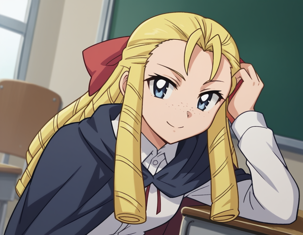 score_9, score_8_up, score_7_up, source_anime,
montmorencymargaritalaferedemontmorency, <lora:montmorency-margarita-la-fere-de-montmorency-s3-ponyxl-lora-nochekaiser_r2:1>,
montmorency margarita la fere de montmorency, long hair, blonde hair, bow, hair bow, drill hair, forehead, freckles, hair pulled back, ringlets,
skirt, thighhighs, long sleeves, collared shirt, white shirt, black skirt, cape,
indoors, classroom, bent over, smile,
looking at viewer, cowboy shot, solo, dutch angle