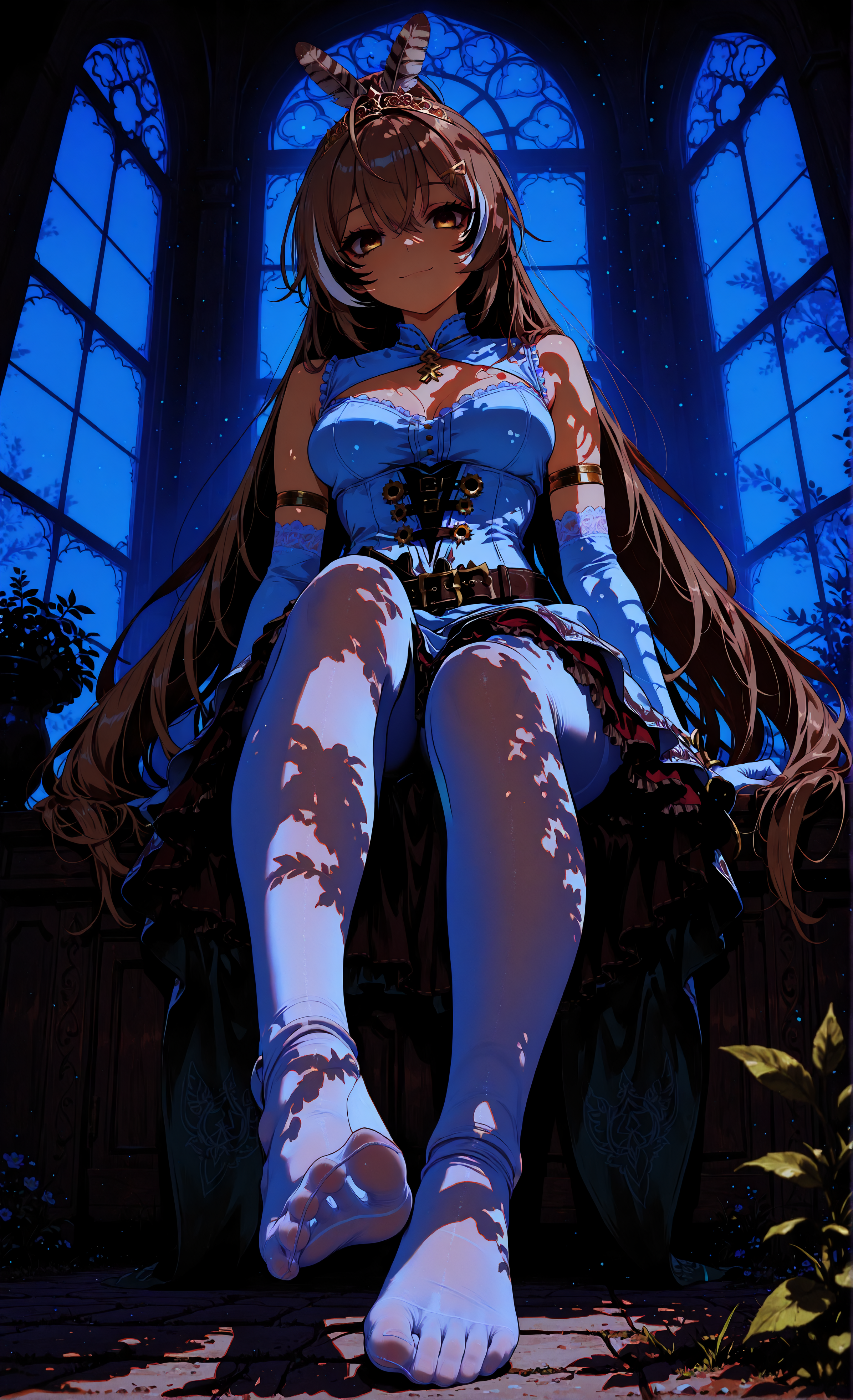 masterpiece, sharp detail, intricate detail, 1girl, nanashi mumei,  long hair, gradient eyes, detailed eyes, looking at viewer, smile, white corset, lace trim, white pantyhose, (close-up feet, focus on foot, low angle, from below), sitting, tiara, white elbow gloves, bracelet, armlet, lace trim, frills, bare shoulders, <lora:ck-shadow-circuit-IL:0.6> in the style of cksc, black eyeliner, long eyelashes, indoors, huge window, blurry garden, chiaroscuro, volumetric lighting, dappled light, dramatic shadows, cinematic lighting, detailed background, light and shadow contrast, dark, <lora:illustriousXL_stabilizer_v1.72:0.3> <lora:MeMax5-noob-vpred:0.4>, <lora:r-hrtdrp:0.5> <lora:darkness_xl_v20:0.6>