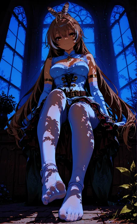 masterpiece, sharp detail, intricate detail, 1girl, nanashi mumei, long hair, gradient eyes, detailed eyes, looking at viewer, smile, white corset, lace trim, white pantyhose, (close-up feet, focus on foot, low angle, from below), sitting, tiara, white elbow gloves, bracelet, armlet, lace trim, frills, bare shoulders, <lora:ck-shadow-circuit-IL:0.6> in the style of cksc, black eyeliner, long eyelashes, indoors, huge window, blurry garden, chiaroscuro, volumetric lighting, dappled light, dramatic shadows, cinematic lighting, detailed background, light and shadow contrast, dark, <lora:illustriousXL_stabilizer_v1.72:0.3> <lora:MeMax5-noob-vpred:0.4>, <lora:r-hrtdrp:0.5> <lora:darkness_xl_v20:0.6>