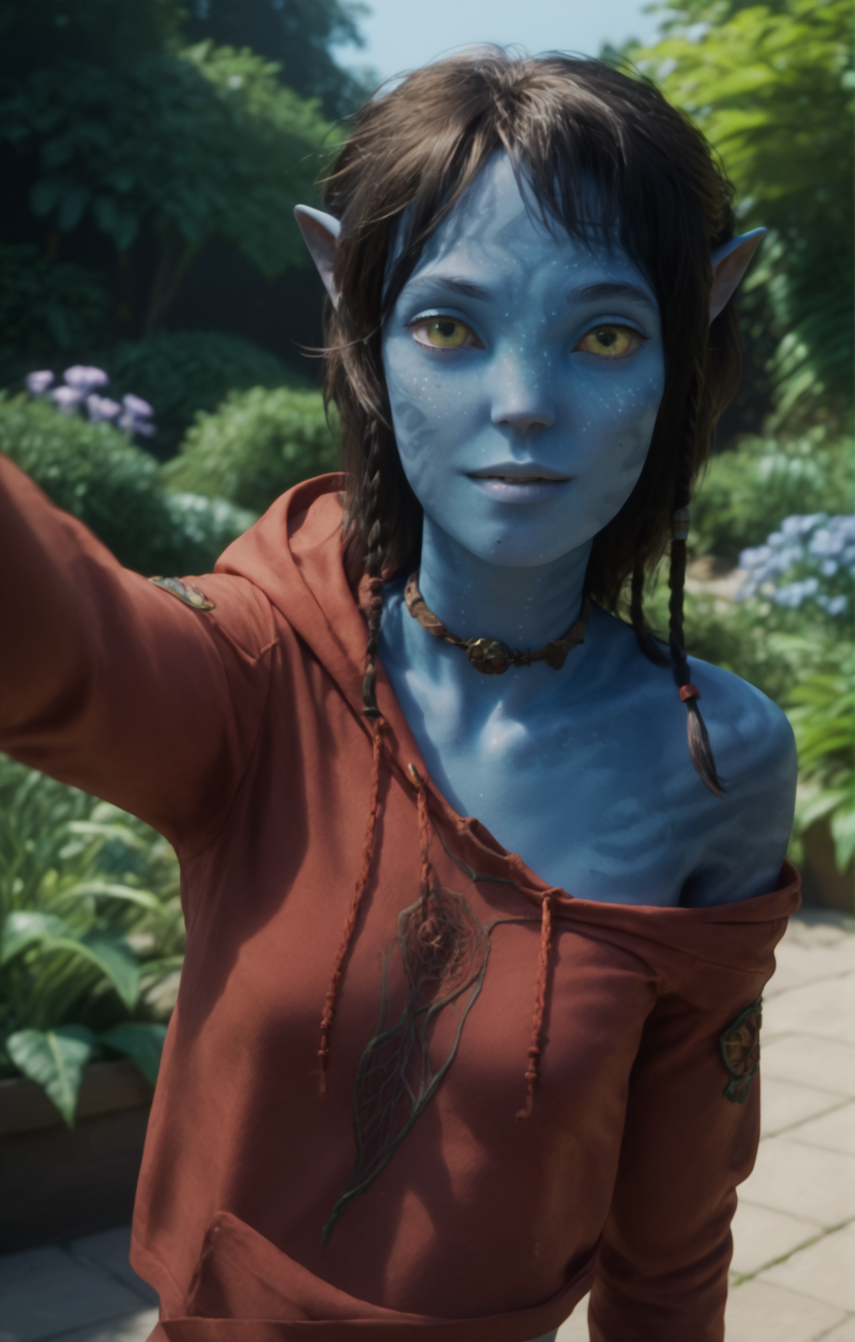 score_9, score_8_up, score_7_up, BREAK K1r1, rating_safe, woman, black hair, blue skin, skin pattern, bestface, detailed, sharp focus, flirtatious, seductive, brown choker, pleasant, seductive, freckles, 85 mm, red hoodie, outdoor, garden, rare angle selfie, garden, nature, highly detailed, detailed skin, depth of field, film grain, highly detailed, detailed skin, depth of field, film grain <lora:K1r1_epoch_16:1>