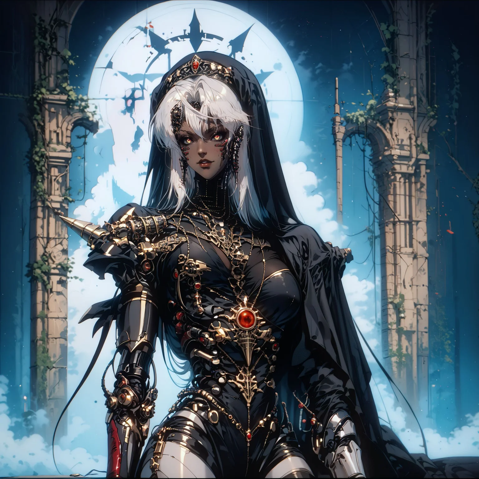 (score_9, score_8_up, score_7_up, zPDXL), (thick lineart, sharp edges, cel shading, linear hatching, black and white comic-noir aesthetics, film noir atmosphere, high contrast, duotone ) (dark-skinned female) nun, character design, sci-fi warrior women, feminine power, perfect anatomy, An enigmatic figure of a satanic, her dark habit_catsuit covers all her skin, conducting a sensual satanic ritual inside a dark cathedral during night under a red eclipse. Her eyeless mask, elaborate crown, fully conceals her identity, adding to her mystique and allure. gold stiletto platform thigh boots, naughty, looking at viewer, seducing with her body, dancing towards viewer with her arms posing, sexy ass seductive in the style of a vintage, high-contrast setting. Emphasize theatrical elements with extreme opposition of bright colors against dark, moody backgrounds, under a dark red sky, thighs, highly detailed, female focus, robot, cyborg , android, mechanical arms, cyborg, robot joints, mechanical parts, tube, spine, cybernetic neck, bionic torso, bionic skin
<lora:Uliminas:1> <lora:OldAnimeStyle_XL_v3:0.8>