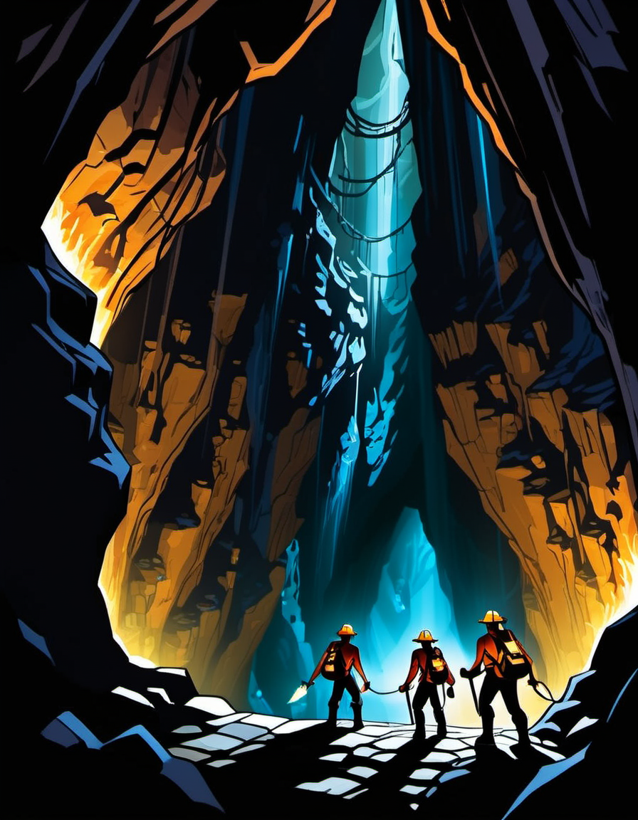 breathtaking graphic novel illustration of Two spelunkers mapping out a deep cavern, torches lighting the way.  <lora:Graphic_Novel_Illustration-000007:1>