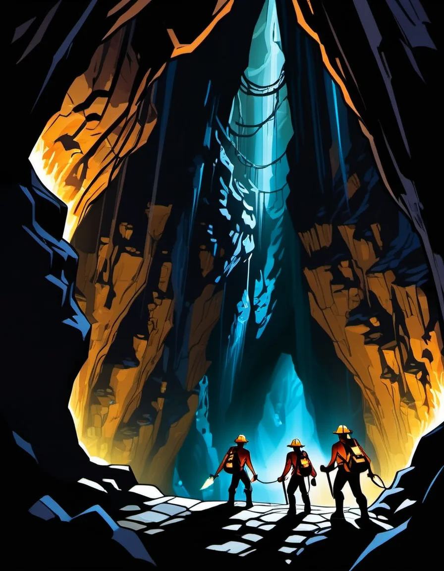 breathtaking graphic novel illustration of Two spelunkers mapping out a deep cavern, torches lighting the way. <lora:Graphic_Novel_Illustration-000007:1>