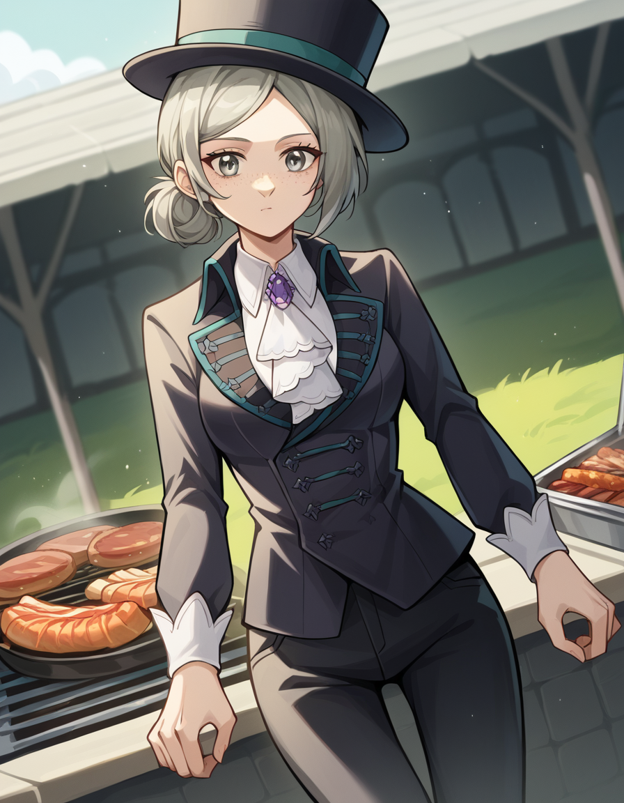 score_9, score_8_up, score_7_up, source_anime, <lora:reverse1999-vertin-ponyxl-lora-nochekaiser:1>,, vertin, freckles, grey eyes, grey hair, hair bun, short hair, medium breasts,, hat, suit, top hat, long sleeves, pants, black pants, ascot, gemstone,, backyard, barbecue, grilling, laughter, summer evening, , , hand shaking hands, solo,, cowboy shot, dutch angle