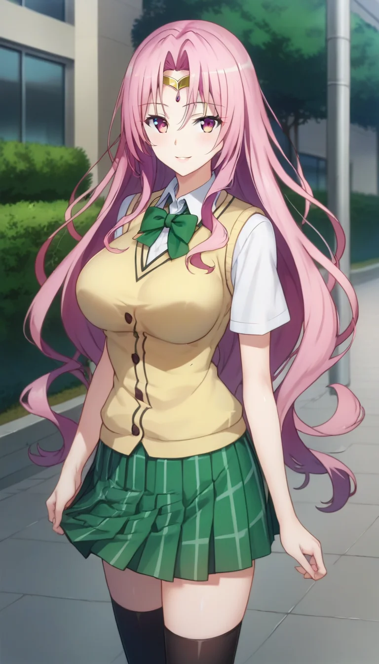 score_9,score_8_up,score_7_up,score_6_up BREAK official art,solo,outdoors,cowboy shot,looking at viewer,facing viewer,smile,blush,Sephie Michaela Deviluke,very long hair,pink hair,circlet,hair between eyes,parted bangs,pink eyes,school uniform,sweater vest,yellow vest,white shirt,collared shirt,green bowtie,short sleeves,large breasts,miniskirt,green skirt,plaid skirt,pleated skirt,zettai ryouiki,black thighhighs,loafers,<lora:Sephie Michaela Deviluke(tlr)-Pony:1.5>,