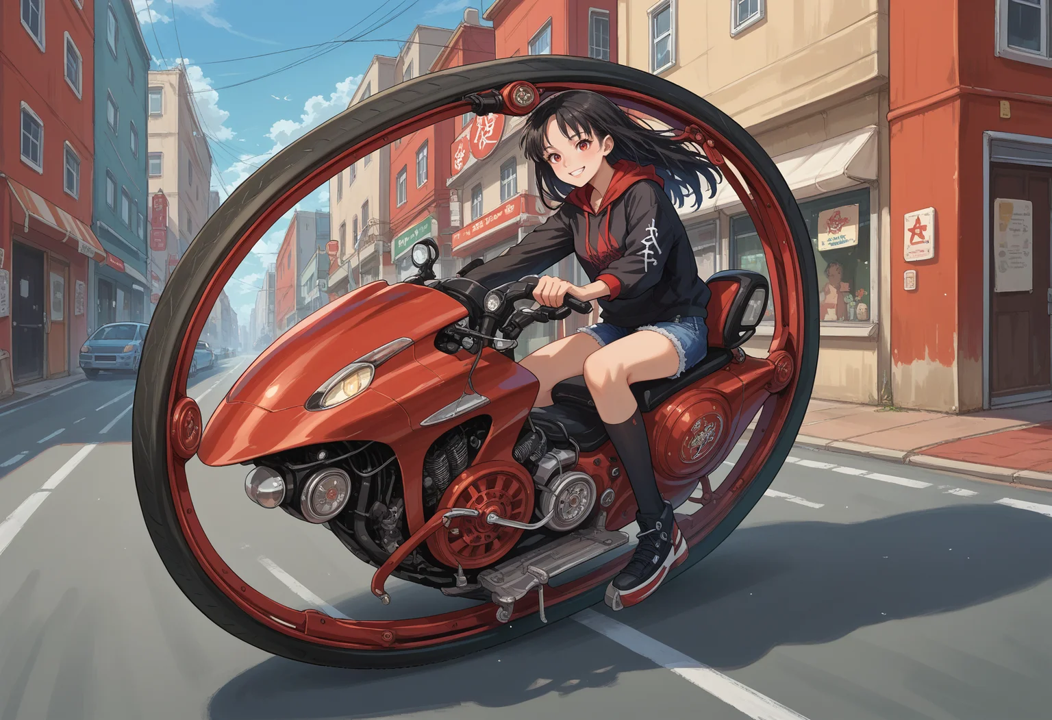 score_9, score_8_up, source_anime, 1girl, solo, black hair, long hair, red eyes, thighs, black hoodie, denim shorts, black thighhighs, Monowheel, motor vehicle, riding, smile, street, <lora:ChamMonowheelPonyXL:1>