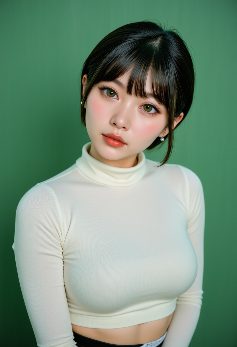 Headshots,masterpiece, a beautiful woman,Hyperrealistic, she is smiling, dynamic angles, multiple angles, photoshoot poses; A photo of Karendoll, a woman with short hair, and green eyes, she has massive breasts, a beautiful girl,she is wearing a white turtleneck sweater.she has massive breasts, she has piercing eyes. a dynamic pose and a sense of action. simple green background, and the lighting is soft, creating a dramatic effect, creating a focused and dynamic pose.; the scene is set in a beautiful well-lit environment, with a sense of action and adventure. Style: realistic hyper-detailed rendering, 32k UHD, expressive eyes, punk, graphic design, girl's face, pretty and cute, gleaming lips, telling a tale of adventure. Exuding confidence and serenity. The overall mood of the image is happy and relaxed, detailed skin texture,(blush:0.2),(goosebumps:0.3), subsurface scattering,with a playful and whimsical tone,perfect hand, hand, detailed hand,niji style,retro50s_style,