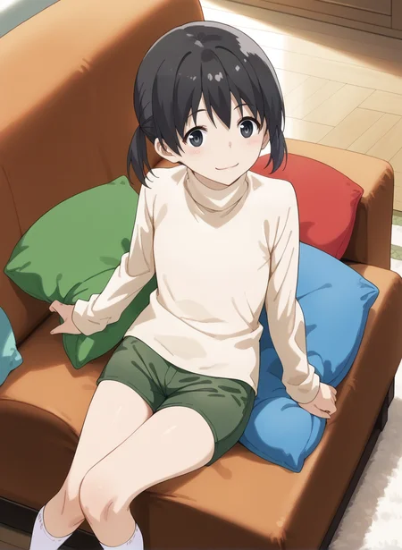 (score_9,score_8_up,score_7_up,source_anime,anime,nsfw,rating_explicit,uncensored),(High quality, Ultra detailed, best quality, insanely detailed, beautiful, masterpiece,perfect lighting) BREAK
<lora:kuramoto_chinatsu_V1:1>,(kuramoto_chinatsu, black eyes, black hair, long hair, short twintails, green shorts, white shirt, turtleneck, long sleeves, white socks),1girl,solo,smile,posing,indoors,couch,cushion,carpet,from_above,,looking_at_viewer,