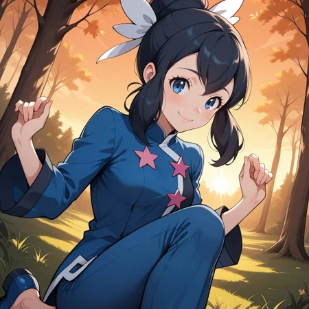 score_9, score_8, BREAK, solo, liza (pokemon), black hair, hair bun, single hair bun, long hair, sidelocks, blue eyes, white hair ribbon, blue jacket, long sleeves, pink star buttons, blue capri pants, blue shoes, adult female, mature female, breasts, sexy pose, self portrait, smile, outdoors, sunlight, shadows, evening lighting, natural lighting, forest, trees, grass, orange sky, sunset
