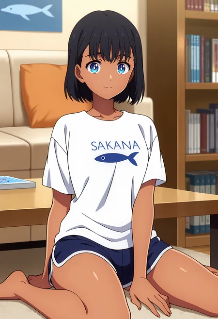 anime screencap, masterpiece, best quality,
<lora:SummertimeRender_KofuneMio_IlluXL:0.9>,
1girl, solo, closed mouth, light smile,
dark-skinned female, short hair, black hair, blue eyes, white pupils,
print shirt, fish print, clothes writing, white shirt, short sleeves, dolphin shorts, blue shorts,
wariza, looking at viewer,
indoors, couch, table, bookshelf, blurry background