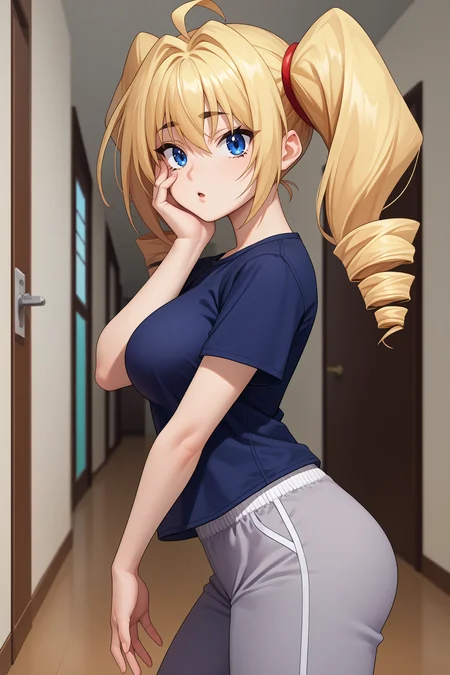 score_9, score_8_up, score_7_up, score_6_up, source_anime BREAK 1girl, solo <lora:ravelphenex-pdxl-nvwls-v1-000004:1> dxdRP, blonde hair, ahoge, twin drills, blue eyes, breasts, black t-shirt, grey pants, track pants, looking at you, hallway, from side, big breasts, hand to own face, chestnut mouth