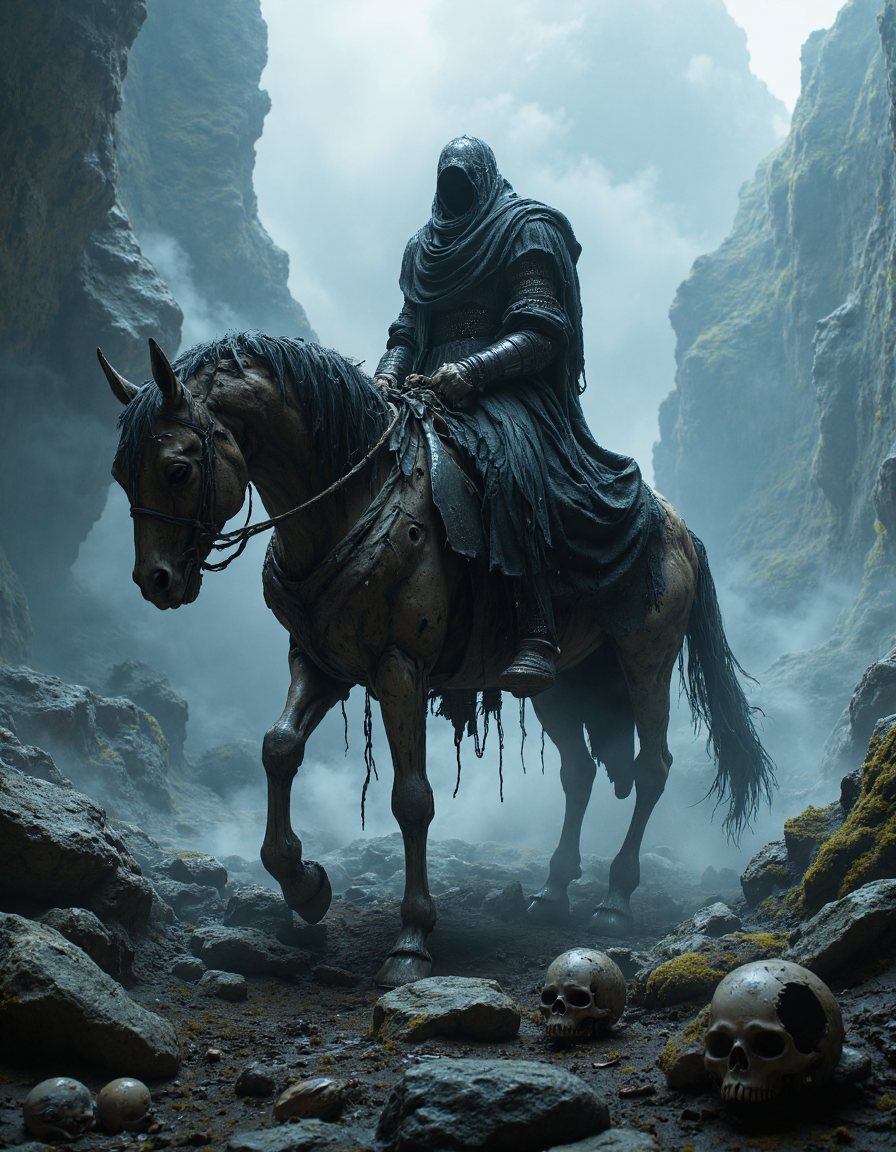 highly detailed cinematic scene, A spectral knight, draped in tattered, ghostly armor, rides a decaying, skeletal horse through a desolate, fog-shrouded landscape. The knight's hollow eyes and eerie presence exude an aura of death and mystery. Jagged cliffs and crumbling rocks surround them, creating a foreboding atmosphere. The ground beneath the horse is littered with skulls and bones, enhancing the sense of dread and despair in this dark, otherworldly scene, <lora:aidmaMJ6.1:0.8>, <lora:fluxenhancer:0.5>