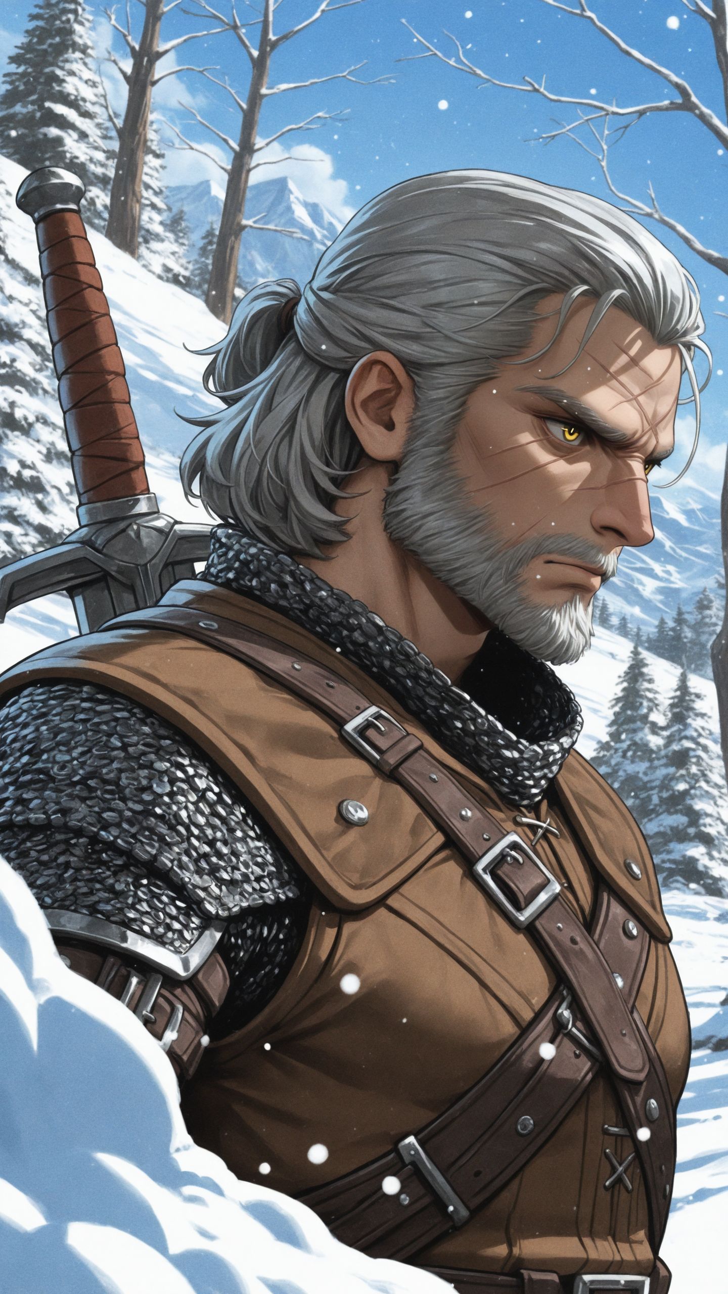 1boy, male, geralt of rivia, the witcher 3, studio ghibli \(style\), retro artstyle, portrait, <lora:add-detail-xl:1>,
masterpiece,best quality,
silver hair, short hair, half updo hair, facial hair, beard, yellow eyes, detailed eyes, (scar on face), brown tunic, shoulder pads, chainmail, leather gloves, armor straps, sheathed swords, weapons on back,     
determined expression, intense expression, contemplative, mystical forest backdrop, snowing, snow, trees, pine trees, cedar trees, blue sky, clouds, intricate shading, deep shadows, mountains in background,
dynamic angle, looking away