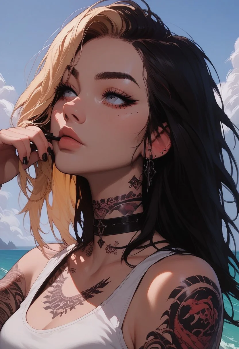 Score_9, Score8_up, Score_7_up, (((High Resolution, Best Quality))),
1girl, solo, Covered in Tattoos, her hand on her head, brushing hair behind ear, black hair, blonde highlight in hair,
Tanktop, cutoff, choker,
On a Cliff overlooking a beach, Cloudy Sky,