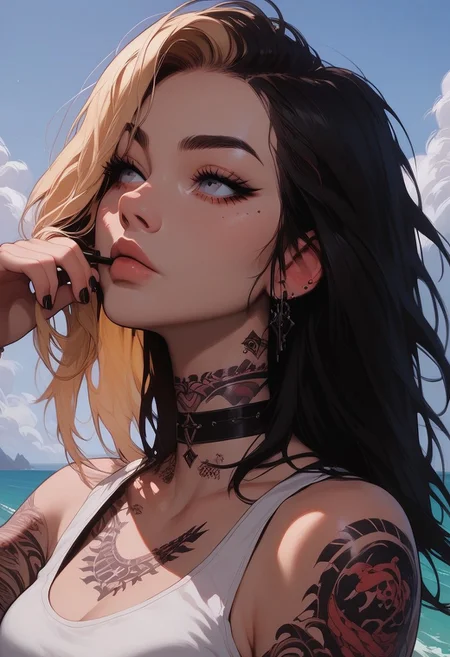 Score_9, Score8_up, Score_7_up, (((High Resolution, Best Quality))), 
1girl, solo, Covered in Tattoos, her hand on her head, brushing hair behind ear, black hair, blonde highlight in hair, 
Tanktop, cutoff, choker, 
On a Cliff overlooking a beach, Cloudy Sky,