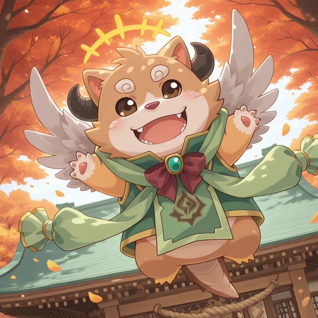 <lora:orto-000010:1> cs-orthro, chimerism, chibi, 1boy, green vest, sleeveless, green_tabard, green shawl, solo, red bow, laughing, parted lips, +++, temple, outdoors, dappled sunlight, flying, three-quarter profile, falling petals, autumn, masterpiece, colorful, detailed background, amazing_quality, dynamic angle, dramatic angle, looking at viewer, vibrant, very aesthetic, luminous lighting, no sclera, dynamic pose,