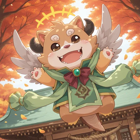<lora:orto-000010:1> cs-orthro, chimerism, chibi, 1boy, green vest, sleeveless, green_tabard, green shawl, solo, red bow, laughing, parted lips, +++, temple, outdoors, dappled sunlight, flying, three-quarter profile, falling petals, autumn, masterpiece, colorful, detailed background, amazing_quality, dynamic angle, dramatic angle, looking at viewer, vibrant, very aesthetic, luminous lighting, no sclera, dynamic pose,