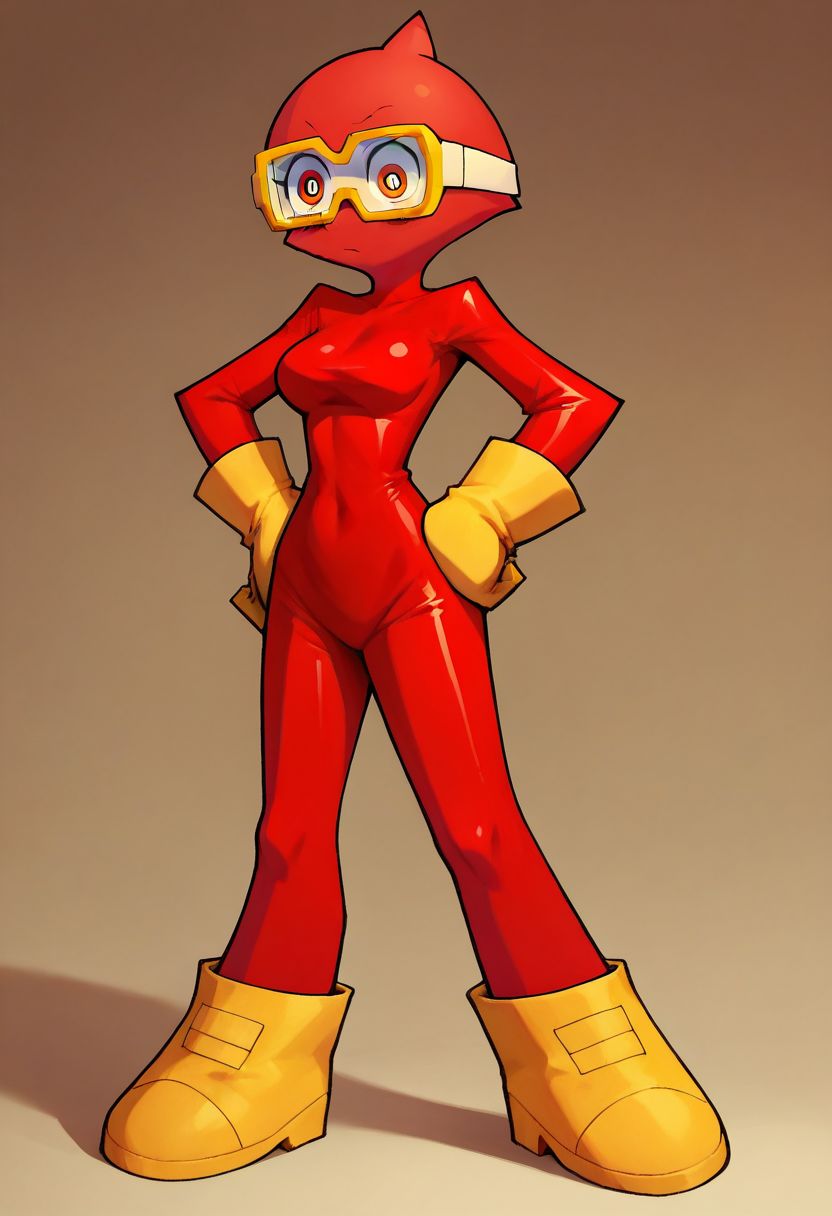 score_9, score_8_up, score_7_up, score_6_up, score_5_up, score_4_up, pooka, pooka, red body suit, yellow ski googles, yellow elbow gloves, yellow kneehigh boots 1girl, woman, female, solo, breasts, latex, skin tight, from front, white visor, cartoon eyes, pooka, hands on hips, round head, cave tunnel, Panty & Stocking style, Thick lineart, sharp edges
