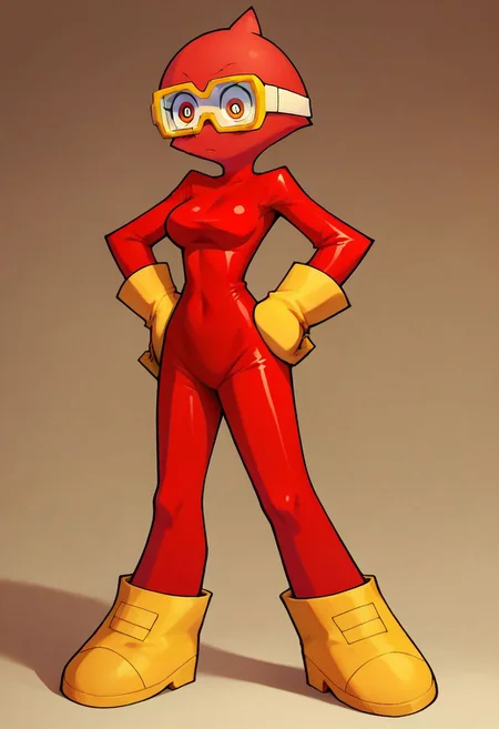 score_9, score_8_up, score_7_up, score_6_up, score_5_up, score_4_up, pooka, pooka, red body suit, yellow ski googles, yellow elbow gloves, yellow kneehigh boots 1girl, woman, female, solo, breasts, latex, skin tight, from front, white visor, cartoon eyes, pooka, hands on hips, round head, cave tunnel, Panty & Stocking style, Thick lineart, sharp edges