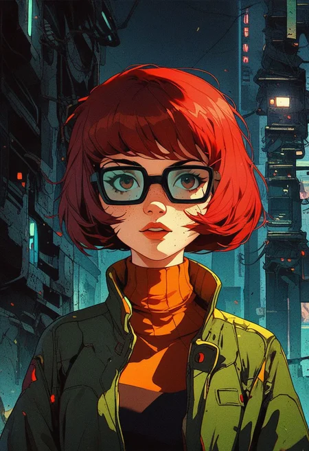 <lora:Kenva:1.0> score_9, knva, halftone effect, 1girl, solo, cyberpunk, Velma Dinkley, jacket,