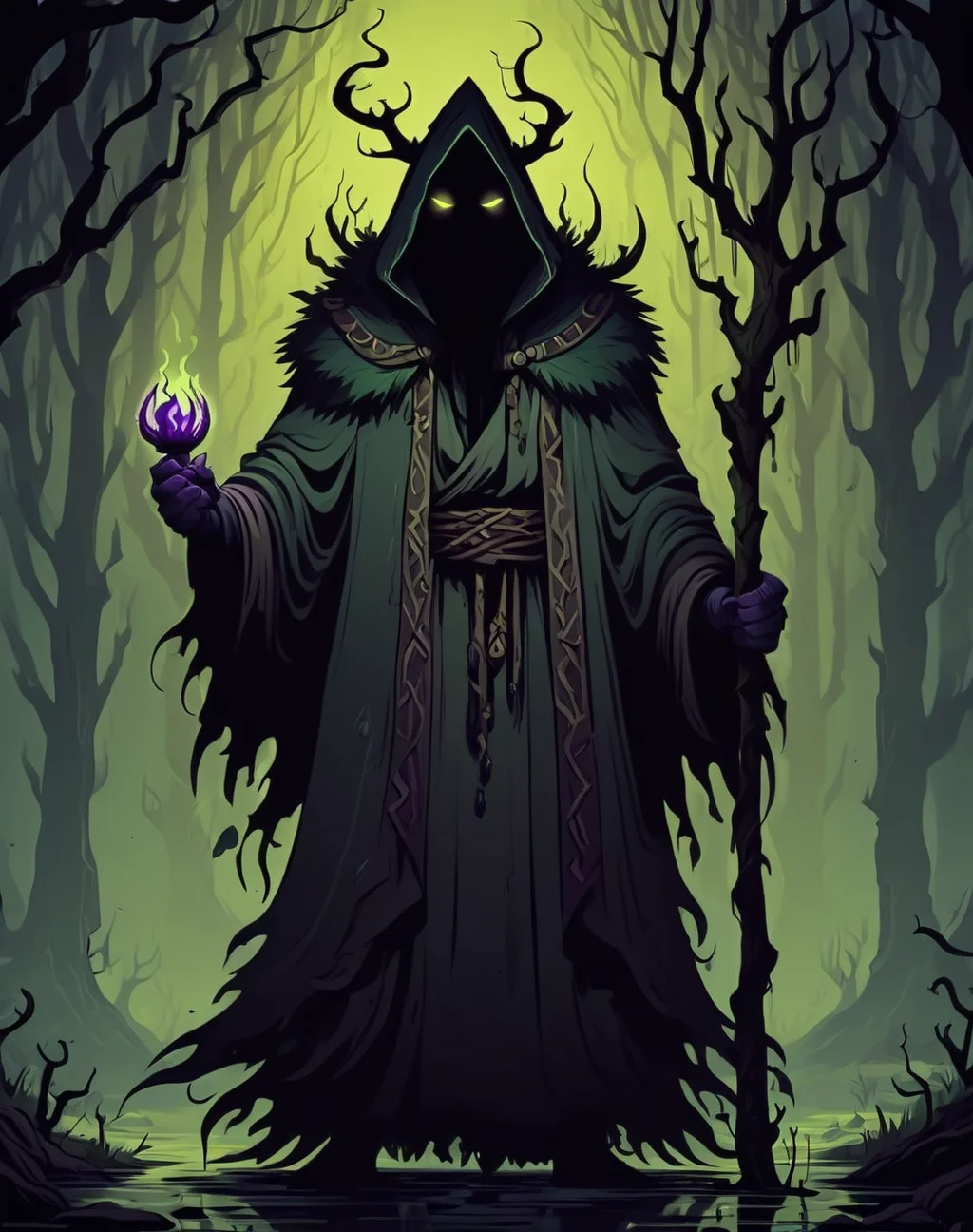 <lora:Shadow_Style_XL:0.8> shadow, 8K,, HD, gloomy colors, dark aura, horror, druid, cartoon style, flat