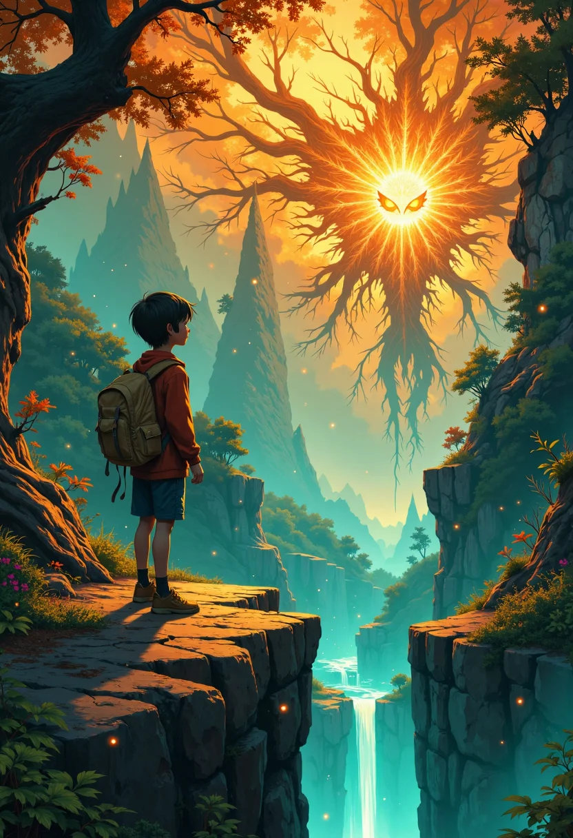 A young anime-style character stands at the edge of a precipice in a lush, vibrant forest, glowing with an otherworldly light. The atmosphere is electric with chaos and intensity as the character gazes upward in awe. In the distance, a colossal forest spirit towers over the landscape, its form a mesmerizing blend of ancient, gnarled branches and ethereal, glowing energy. Countless tiny, gentle spirits flit about the scene, their clumsy forms peeking out from hiding places in the foliage. The scene is rendered in a highly stylized digital painting, with pastel colors and vibrant turmeric hues dominating the palette. Despite the beauty, there's an undercurrent of something disturbingly horrific, as if the natural balance is on the brink of collapse. Elemental energy crackles through the air, and the spirits seem to be watching with a mix of curiosity and apprehension., R3alisticF, ArsMJStyle, dnddarkestfantasy, n30nfilm,.,Digital painting, anime style, vibrant forest, glowing flora, character in awe, forest spirit, tiny spirits, pastel colors, vibrant turmeric, elemental energy, chaos, intensity, dynamic pose, intricate details, ethereal light, ancient, gnarled branches, glowing energy, natural balance, apprehension, curiosity, otherworldly, ethereal, intricate foliage, glowing, energy, elemental, balance, collapse, ancient, gnarled, branches, energy, glowing, natural, balance, brink, collapse, spirits, watching, curiosity, apprehension, otherworldly, light, ethereal, dynamic, pose, intricate, details, glowing, flora, vibrant, turmeric, pastel, colors, palette, disturbingly horrific, horror, beauty, balance, collapse, elemental, energy, crackles, air, spirits, watching, curiosity, apprehension, natural, balance, brink, collapse, ancient, gnarled, branches, energy, glowing, forest, spirit, colossal, towers, landscape, tiny, spirits, gentle, clumsy, flit, scene, hiding, foliage, peeking, out, hiding, places, disturbingly, horrific, undercurrent, natural, balance, brink, collapse, elemental, energy, crackles, air, spirits, watching, curiosity, apprehension, otherworldly, light, ethereal, dynamic, pose, intricate, details, glowing, flora, vibrant, turmeric, pastel, colors, palette, R3alisticF, ArsMJStyle, dnddarkestfantasy, n30nfilm,.,<lora:FluxMythR3alisticF:0.277> R3alisticF,<lora:DnDDarkestFantasy:0.33> ArsMJStyle, dnddarkestfantasy,<lora:n30nfilm:0.226> n30nfilm,<lora:outlined_vibrant_anime_style_flux:0.368>