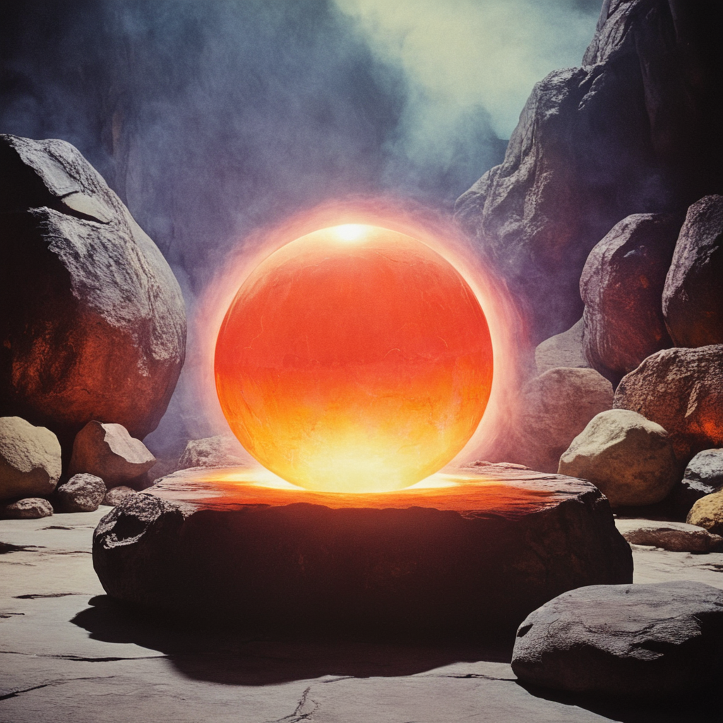 <lora:80sFantasyMovieSDXL2:1> ArsMovieStill, 80s Fantasy Movie Still, The image shows a large spherical object that appears to be glowing orange and yellow in color. It is placed on a large rock in the center of the image surrounded by other rocks and boulders. The background is dark and there is a hint of smoke or fog surrounding the object. The object is illuminated by a bright light creating a dramatic and mysterious atmosphere. The overall mood of the scene is one of awe and wonder., no humans, scenery, rock, moon, sky, cloud, outdoors, planet, mountain, snow