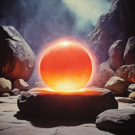 <lora:80sFantasyMovieSDXL2:1> ArsMovieStill, 80s Fantasy Movie Still, The image shows a large spherical object that appears to be glowing orange and yellow in color. It is placed on a large rock in the center of the image surrounded by other rocks and boulders. The background is dark and there is a hint of smoke or fog surrounding the object. The object is illuminated by a bright light creating a dramatic and mysterious atmosphere. The overall mood of the scene is one of awe and wonder., no humans, scenery, rock, moon, sky, cloud, outdoors, planet, mountain, snow