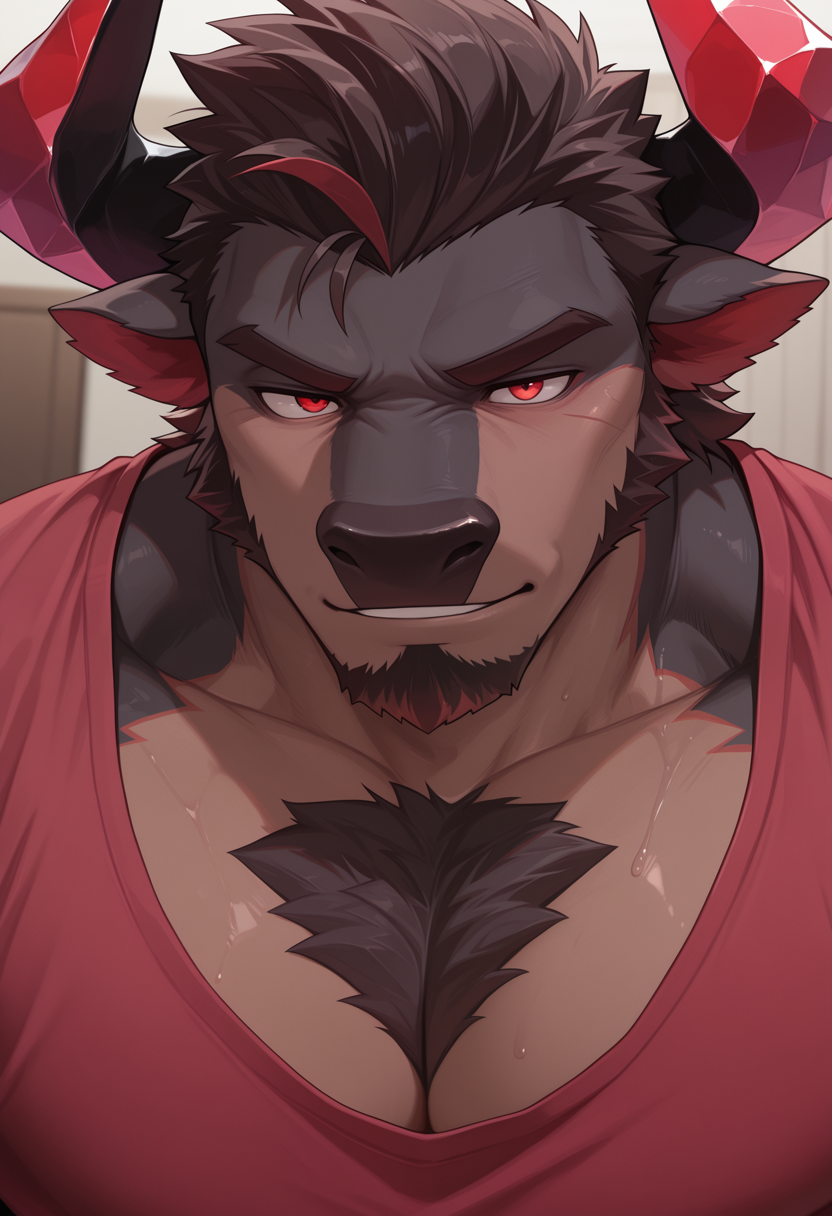 masterpiece, best quality, amazing quality, solo, 1boy, Obsidius, red shirt, close up