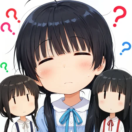 masterpiece, best quality, high quality, highres, absurdres, insanely detailed, amazing quality, very aesthetic, newest, Anime screencap, zPDXL3, sfw
<lora:Hyper-SDXL-8steps-lora:1> <lora:StS-Illustrious-Detail-Slider-v1.0:3>
1girl, black hair, bangs, Straight bangs, blunt bangs, hime cut, long hair, straight hair, low twintails, long pigtails, hair tie,
dress, blue dress, white blouse, neck ribbon, bule ribbon, suspenders,
<lora:ILXL_Confused_looking_anime_girls_with_interrogation_marks_on_their_heads:1>
clagwimoth, confused, ?, portrait, | |, dot eyes, looking at viewer, simple background, white background, messy hair, ahoge, sweat,