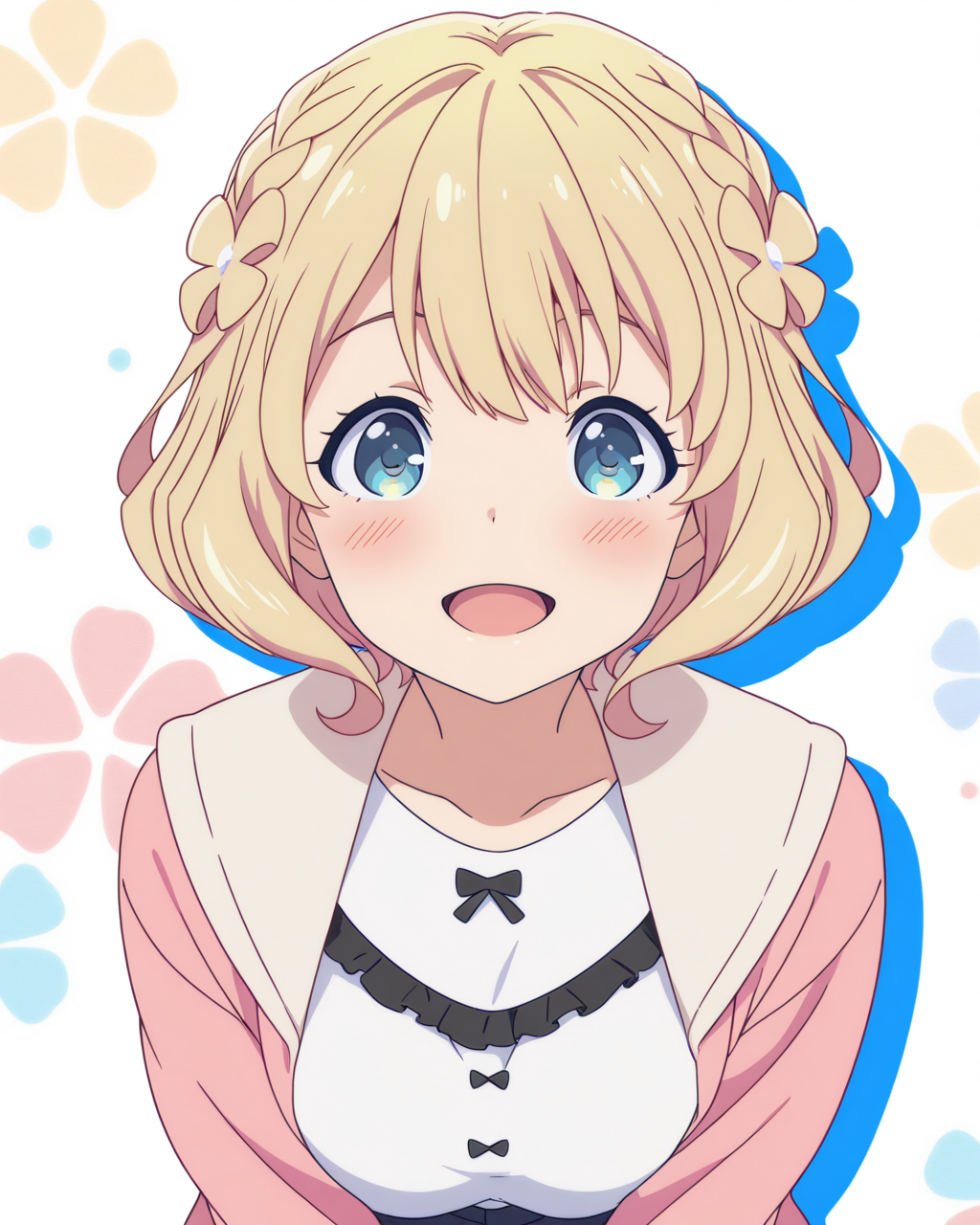 (masterpiece:1.4), (best quality:1.4),  very aesthetic, newest,best quality, amazing quality, absurdres,
anime screenshot,official art,
1girl,solo,kugayama_yae,short hair, blue eyes,blonde hair, blue eyes, light yellow hair flower,  braid,crown braid,
pink cardigan, untucked,white shirt, open clothes,bow,black frill on shirt,
upper body,blush,smile,open mouth, looking at viewer,:d
v arms,
white background ,colorful,designed background,
 <lora:kugayama_yae_v4:1>
drop shadow
