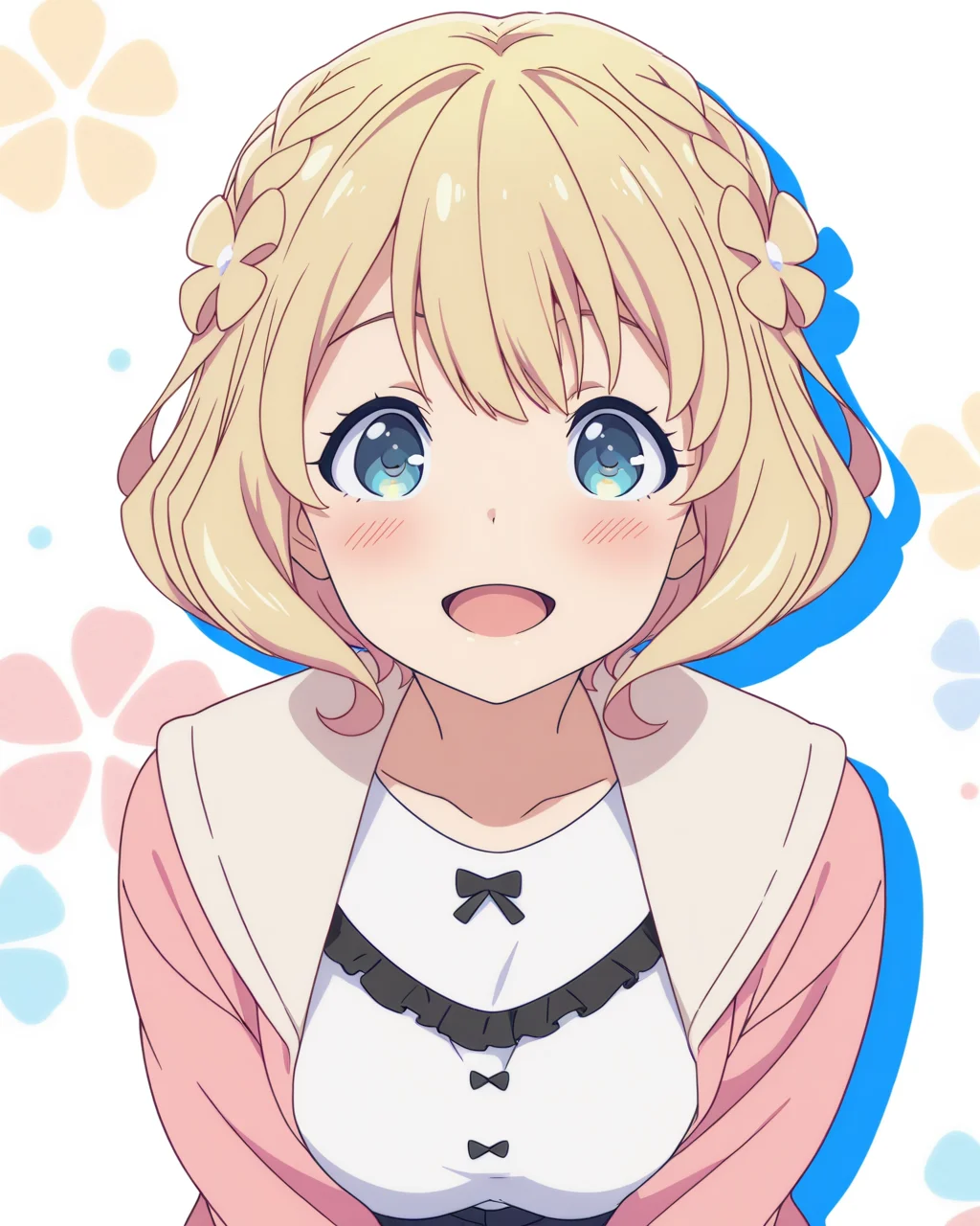 (masterpiece:1.4), (best quality:1.4), very aesthetic, newest,best quality, amazing quality, absurdres,
anime screenshot,official art,
1girl,solo,kugayama_yae,short hair, blue eyes,blonde hair, blue eyes, light yellow hair flower, braid,crown braid,
pink cardigan, untucked,white shirt, open clothes,bow,black frill on shirt,
upper body,blush,smile,open mouth, looking at viewer,:d
v arms,
white background ,colorful,designed background,
<lora:kugayama_yae_v4:1>
drop shadow