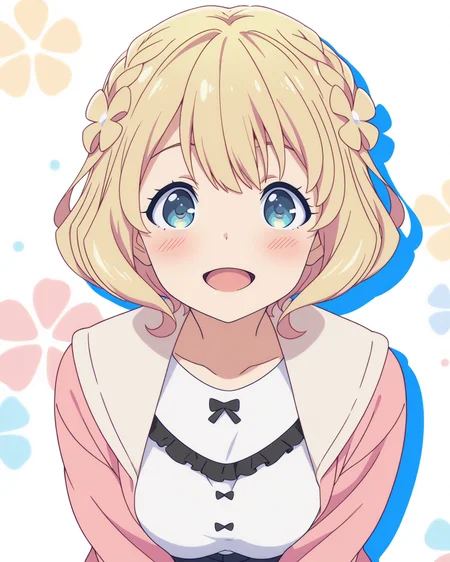 (masterpiece:1.4), (best quality:1.4),  very aesthetic, newest,best quality, amazing quality, absurdres,
anime screenshot,official art,
1girl,solo,kugayama_yae,short hair, blue eyes,blonde hair, blue eyes, light yellow hair flower,  braid,crown braid,
pink cardigan, untucked,white shirt, open clothes,bow,black frill on shirt,
upper body,blush,smile,open mouth, looking at viewer,:d
v arms,
white background ,colorful,designed background,
 <lora:kugayama_yae_v4:1>
drop shadow