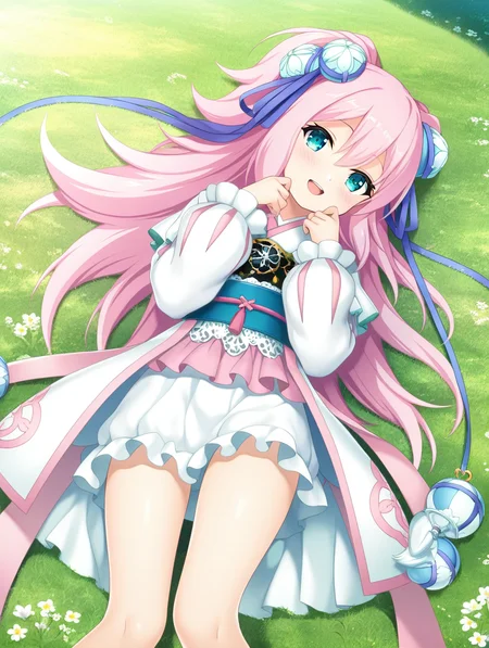 masterpiece,best quality,amazing quality,very aesthetic,absurdres,newest,scenery,<lora:mari_sengoku koihime_ilxl_v1-000010:0.8>,1girl,pink hair,(solo:1.5),hair ornament,blue eyes,long hair,smile,looking at viewer,long sleeves,hair flower,hair ribbon,mari\(sengoku koihime\),lying,open mouth,blush,white dress,frills,on grass,